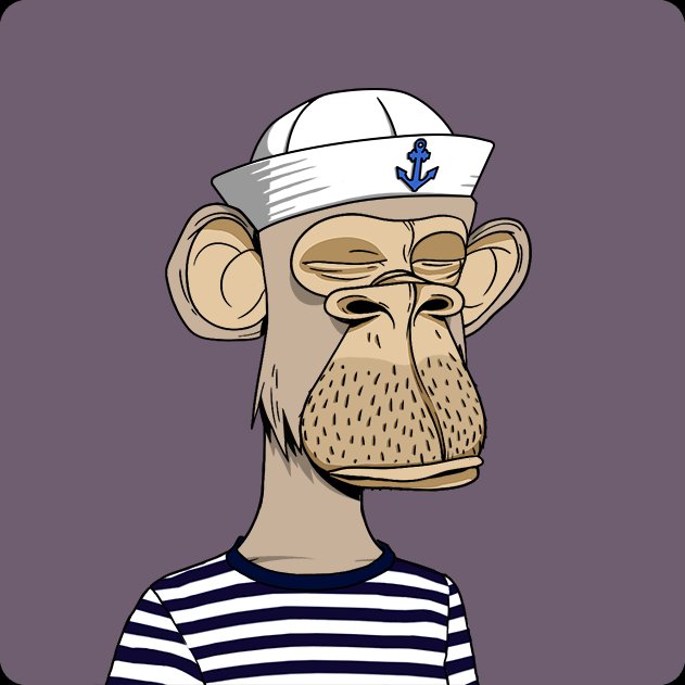 A cartoon illustration of a Bored Ape-style character wearing a white sailor hat with an anchor, a striped shirt, and displaying a tired expression.