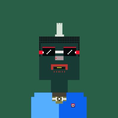 A pixel art character portrait against a dark green background, featuring a figure with sunglasses, a red mouth, a white mohawk, and a blue and black jacket.