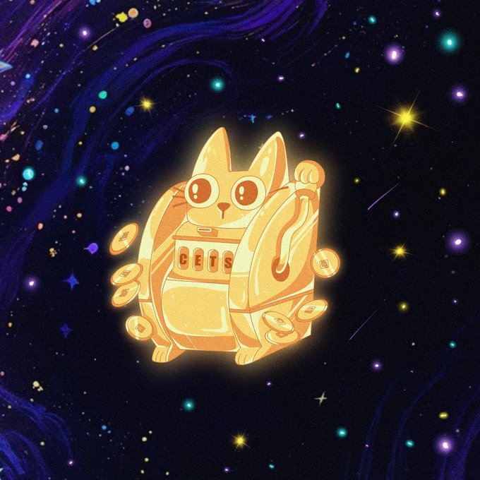 A glowing golden illustration of a cat peeking out of a slot machine labeled 'GECIS' floats against a starry purple and blue cosmic background with colorful stars and shooting stars.