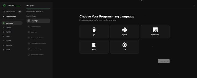 A dark-themed UI screenshot of Canopy Rewards showing a 'Choose Your Programming Language' selection screen with options for Java, Python, JavaScript, Kotlin, and C#.