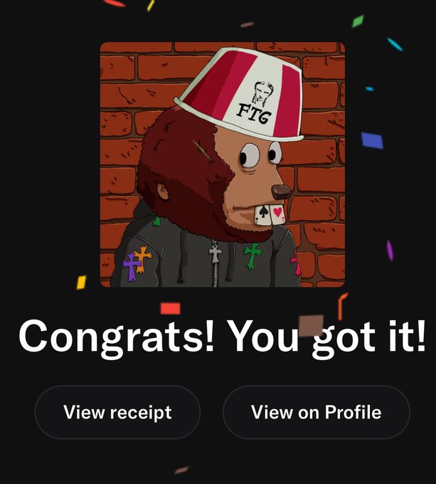 A digital artwork of a bear-headed character wearing a KFC-style bucket hat with the text "FIG" and a jack of spades card in its mouth, displayed over a "Congrats! You got it!" message with confetti.