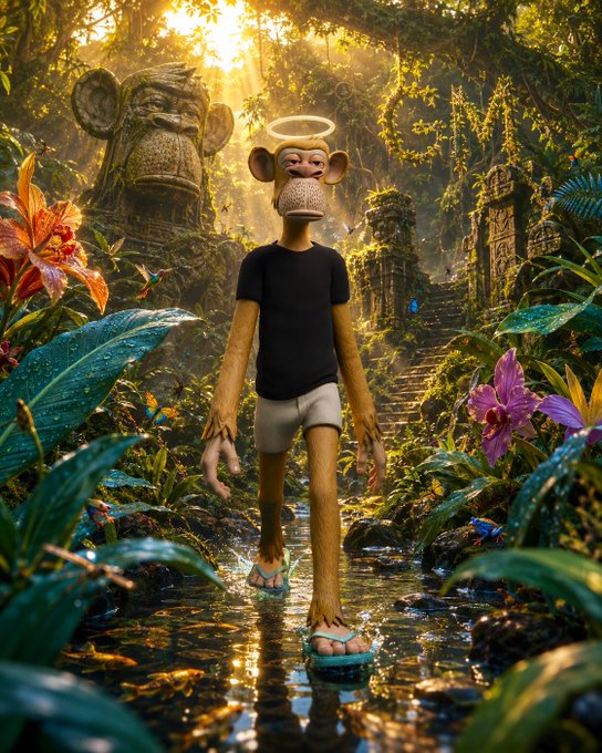 3D-rendered anthropomorphic monkey character wearing a black t-shirt, white shorts, and flip-flops, walking through a lush jungle with ancient ruins and a halo above its head.