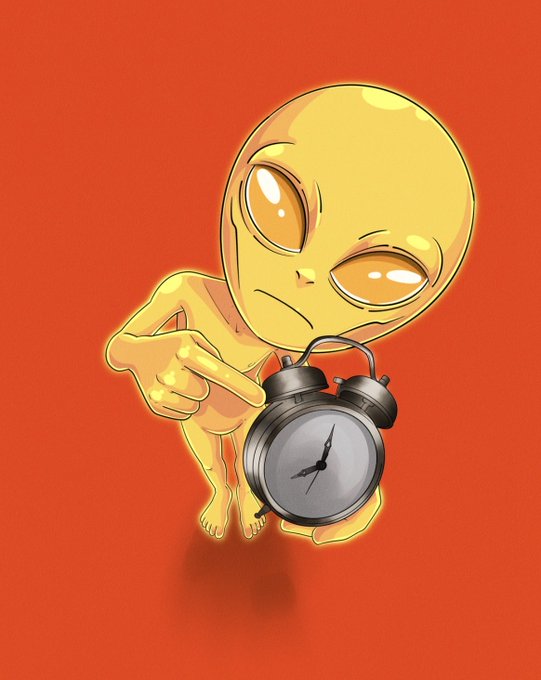A cartoon illustration of an alien with large eyes sitting and holding a vintage alarm clock, set against a bright red background.