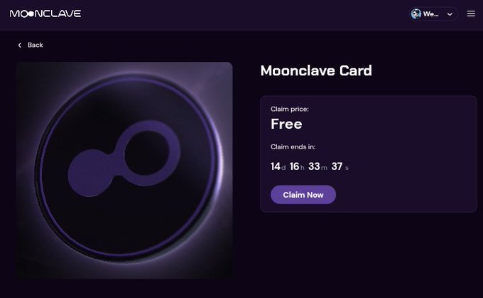 A Moonclave webpage showing a free 'Moonclave Card' with a countdown timer of 14 days, 16 hours, 33 minutes, 37 seconds remaining and a 'Claim Now' button.