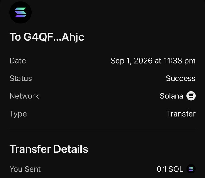 A successful Solana transaction confirmation showing 0.1 SOL was sent to the address "G4QF...Ahjc" on September 1, 2026 at 11:38 pm, supporting the post claiming to have sent SOL to a recipient.