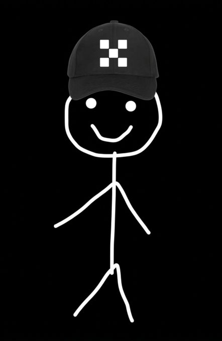 A simple stick figure with a smiley face wears a black baseball cap featuring a white pixelated logo.