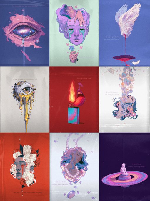 A 3x3 grid of nine surreal artistic posters featuring dreamlike imagery including a bleeding eye, a crying anime-style girl, a white bird with dripping blood, melting golden eyeballs, flames, floral faces, and a meditating figure on a cosmic ring.