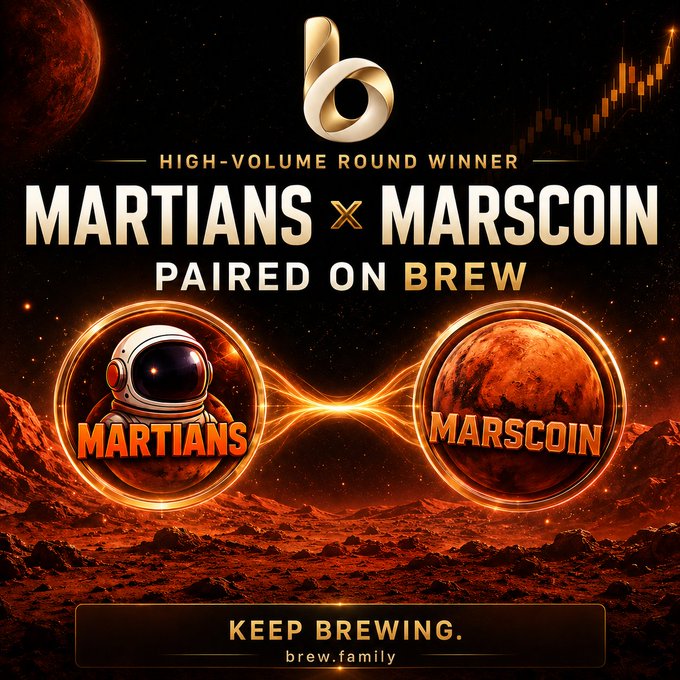 A promotional graphic for crypto tokens reads 'HIGH-VOLUME ROUND WINNER MARTIANS x MARSCOIN PAIRED ON BREW' with 'KEEP BREWING. brew.family' at the bottom.