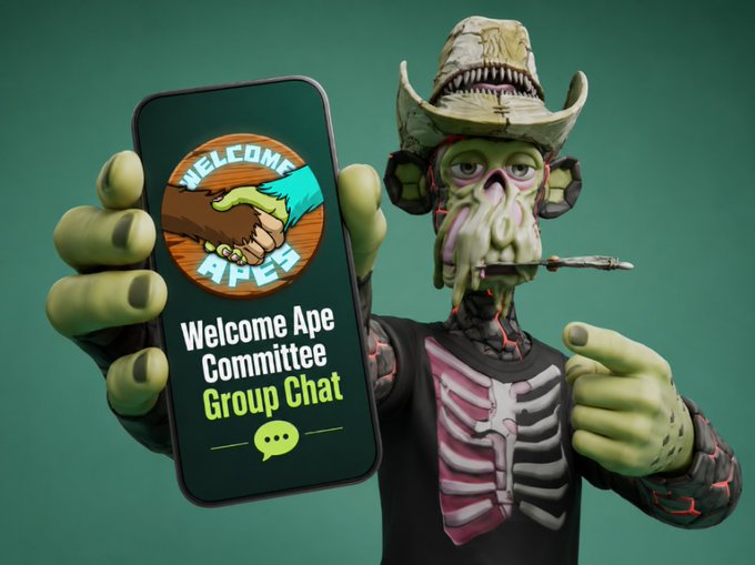 A 3D-rendered zombie-like ape character wearing a cowboy hat and skeleton shirt holds up a smartphone displaying the 'Welcome Apes' logo and a 'Welcome Ape Committee Group Chat' message with a speech bubble icon.