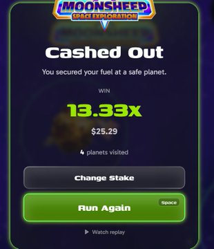 Screenshot from the 'Moonsheed Space Exploration' game showing a 'Cashed Out' result with a 13.33x win for $25.29 after visiting 4 planets, with options to 'Change Stake', 'Run Again', or 'Watch replay'.