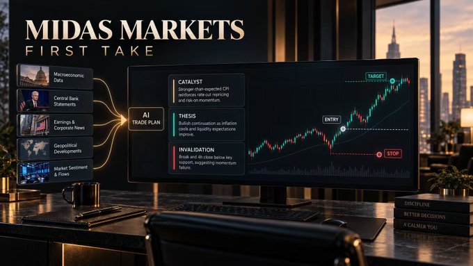 Midas Markets 'First Take' promotional graphic showing an AI Trade Plan dashboard analyzing inflation data, with catalyst/thesis/invalidation points and a chart showing entry, target, and stop levels.
