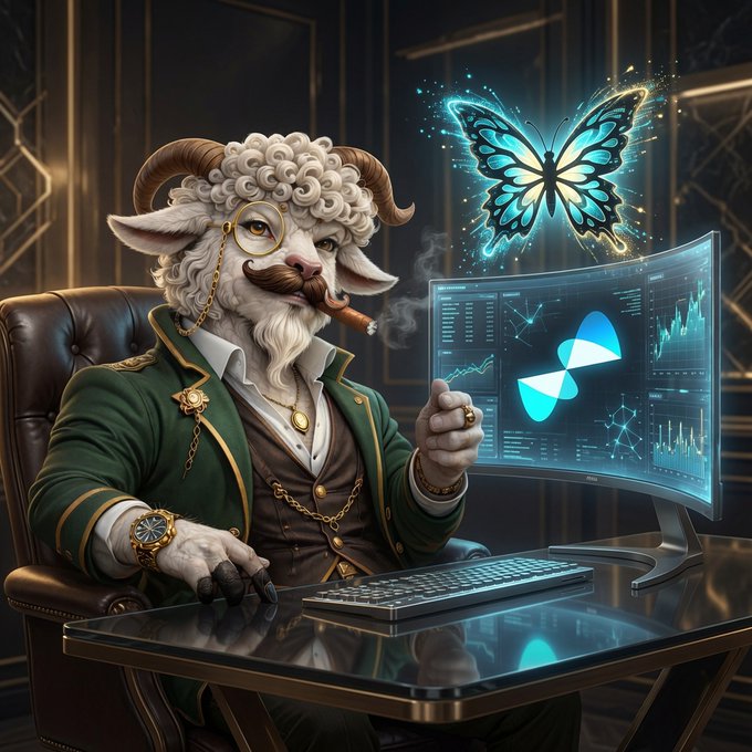 An anthropomorphic ram in elegant Victorian attire sitting at a desk with a curved monitor displaying analytics, accompanied by a glowing cyan butterfly with 'CRYPTO' visible on the screen.