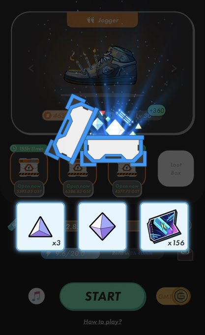 A screenshot of a mobile game interface titled 'Jogger' featuring a sneaker, a 'Loot Box', various gem rewards, and a green 'START' button.