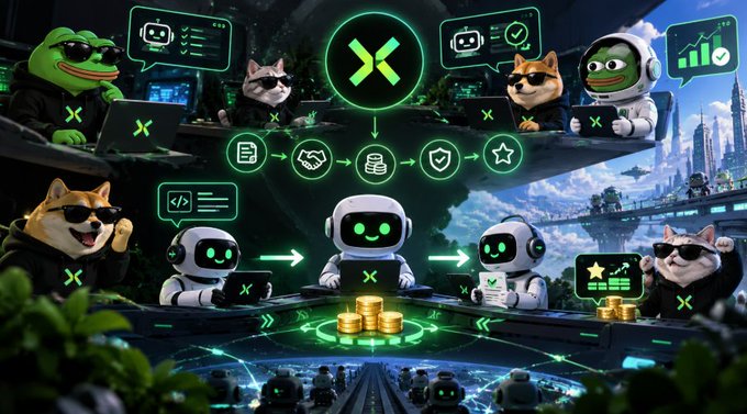 A vibrant digital illustration featuring anthropomorphic cats, frogs, and robot characters in a futuristic setting with green neon accents, code symbols, charts, and stacks of gold coins.