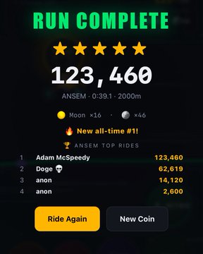 A mobile game screen showing "RUN COMPLETE" with a 5-star rating, a score of "123,460", and a leaderboard topped by "Adam McSpeedy".