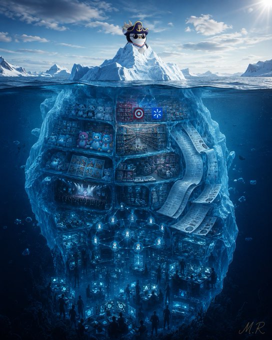 A digital artwork showing a small crowned character perched atop an iceberg, with the submerged portion revealing a vast, glowing underwater city filled with retail stores, products, and people.