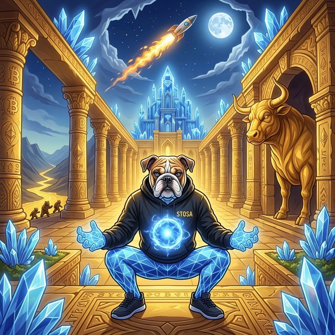 A vibrant digital illustration featuring a bulldog wearing a black 'STOSA' hoodie and glowing blue polygonal pants, holding a glowing blue orb, set within a fantasy temple of gold and blue crystals with a Bitcoin rocket flying past a full moon and a golden bull statue.