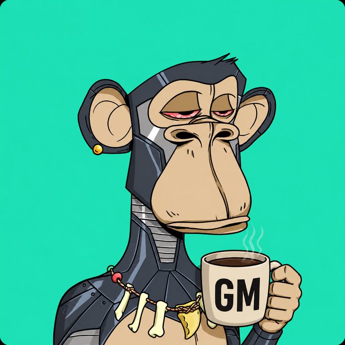 A cartoon cyborg monkey with a bone necklace sips coffee from a mug labeled "GM" against a teal background, perfectly matching the post's casual crypto greeting "gm degens."