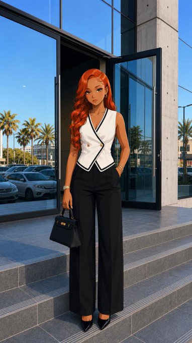 An animated illustration of a woman with long red hair wearing a white vest and black pants, holding a black handbag while standing on the steps of a modern building.