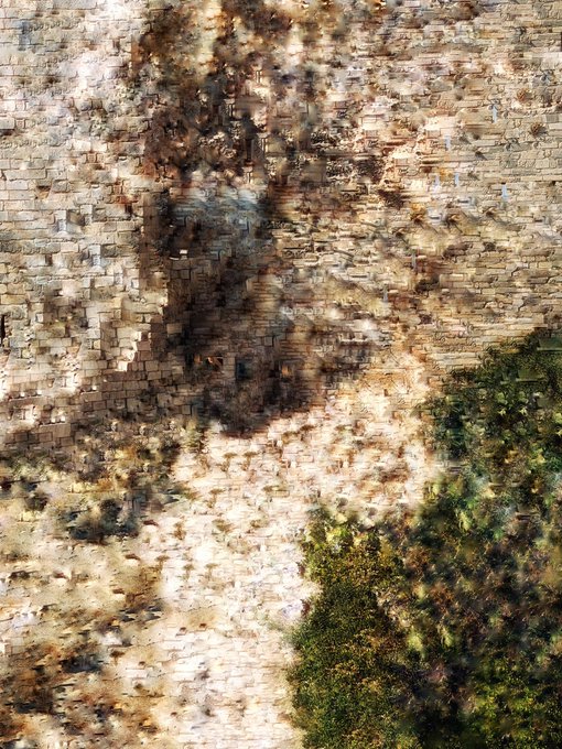 A weathered stone wall with dark staining and green foliage growing along the right side.