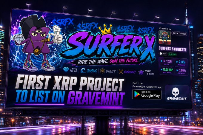 A vibrant advertisement billboard for 'SURFERX' featuring a purple cartoon mascot, with text 'RIDE THE WAVE. OWN THE FUTURE' and 'FIRST XRP PROJECT TO LIST ON GRAVEMINT'.