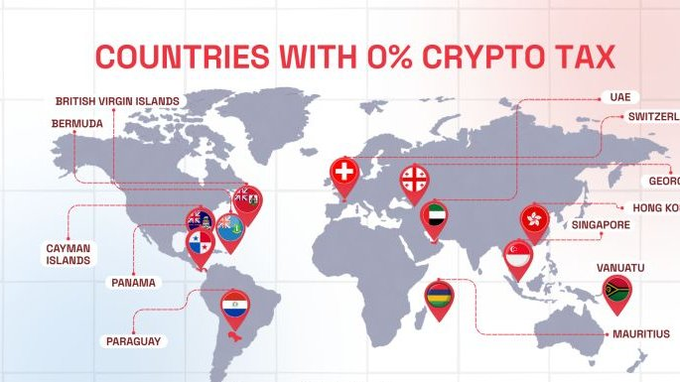 A world map infographic titled 'COUNTRIES WITH 0% CRYPTO TAX' highlights nations including the Cayman Islands, Panama, Bermuda, UAE, Singapore, and Hong Kong.