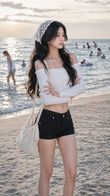 A young woman with long dark hair wearing a white off-shoulder top, black shorts, and a white lace headscarf stands on a beach at sunset holding a woven bag.