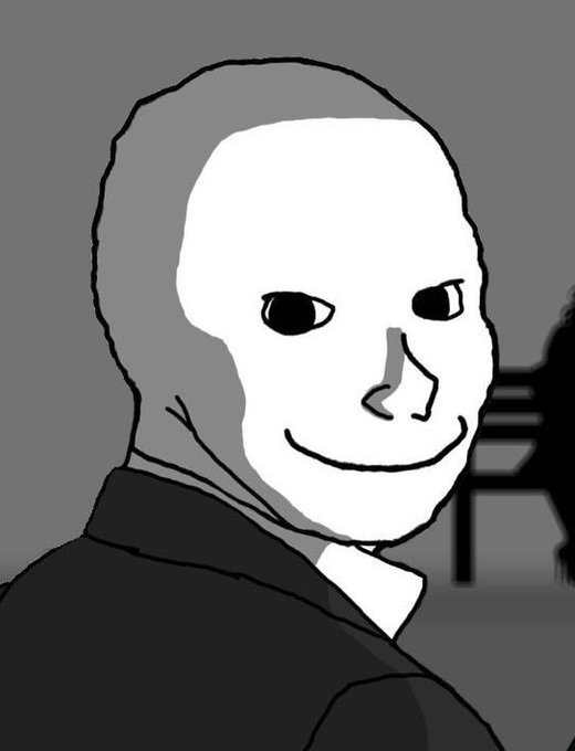 A black and white illustration of a hooded figure with an unsettling, wide-eyed, smiling face.