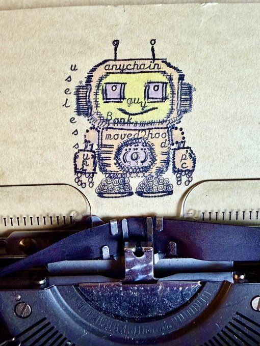 A whimsical, hand-drawn robot illustration sits atop a vintage typewriter, featuring the playful text "anychain," "Bermuda," "moved?hoo," and the words "unrealistic" and "chain" along its body. The black-ink sketch, with yellow highlighter detail on the eyes, fits the "wip" (work in progress) caption, suggesting an in-progress character design or poem being drafted on the old manual typewriter.