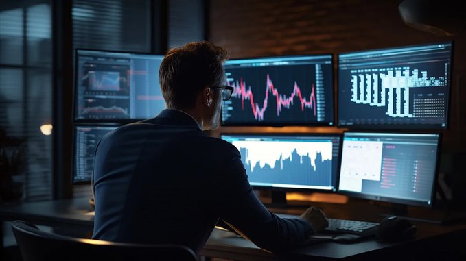 A man in a suit sitting in front of six computer monitors displaying various financial charts and data in a dimly lit room.