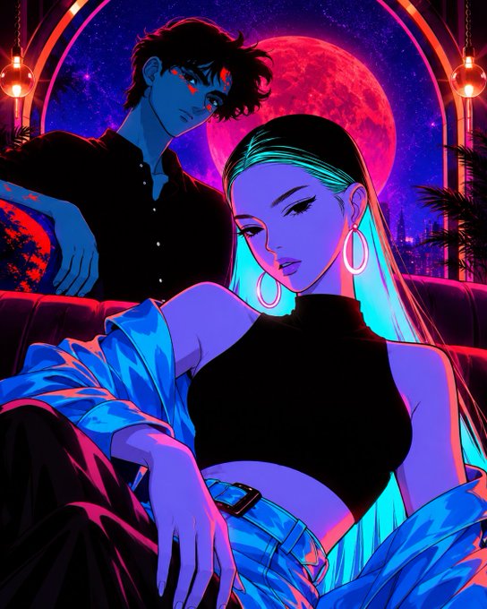 A stylized neon-lit digital illustration depicts a woman with long teal hair and hoop earrings in a black crop top reclining on a couch, with a blue-skinned man standing behind her against a backdrop of a large red moon.