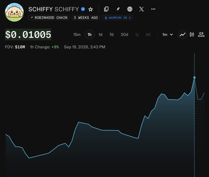 Screenshot of a DEX Screener page for the SCHIFFY SCHIFFY token on Robinhood Chain, showing a price of $0.01005 and a line chart with a sharp recent spike.