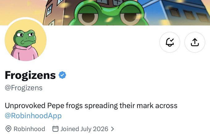 A social media profile for "Frogizens" (@Frogizens) featuring a Pepe the Frog avatar, with the bio "Unprovoked Pepe frogs spreading their mark across @RobinhoodApp" and joined July 2026.