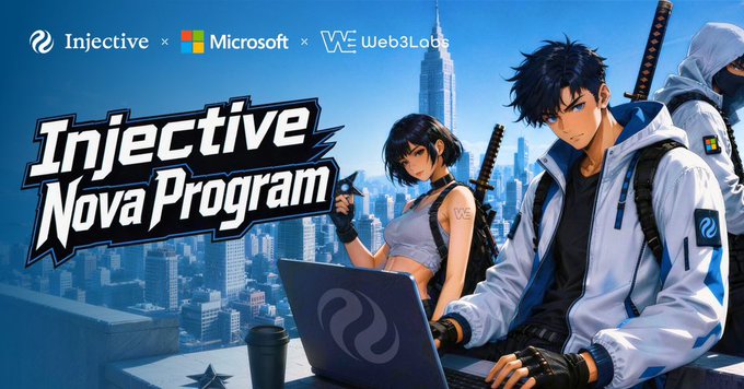 The image features a poster for an upcoming video game called "Injective Nova Program", which is set to be released soon. The poster showcases two characters from the game, one male and one female, sitting at a laptop computer with their hands on its keyboard. They are dressed in futuristic clothing that resembles the style of the game's title. The background of the poster displays an urban cityscape filled with buildings, indicating that the game is set in a modern metropolis. The text "Injective" and "Microsoft" can be seen at the top of the poster, while "WE Web3Lots" is written below it.