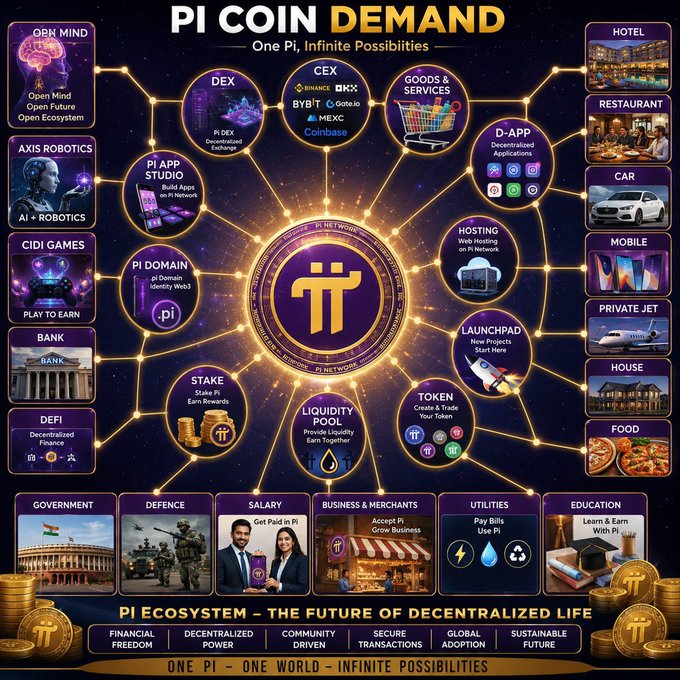 An infographic titled 'PI COIN DEMAND' showcasing the Pi Network ecosystem, illustrating various use cases such as DEX, Pi DEX, Goods & Services, Staking, and real-world applications in government, defense, and education.