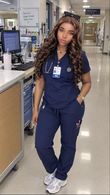 A young woman in navy blue medical scrubs with a stethoscope stands in a hospital hallway, wearing a badge labeled 'RN'.
