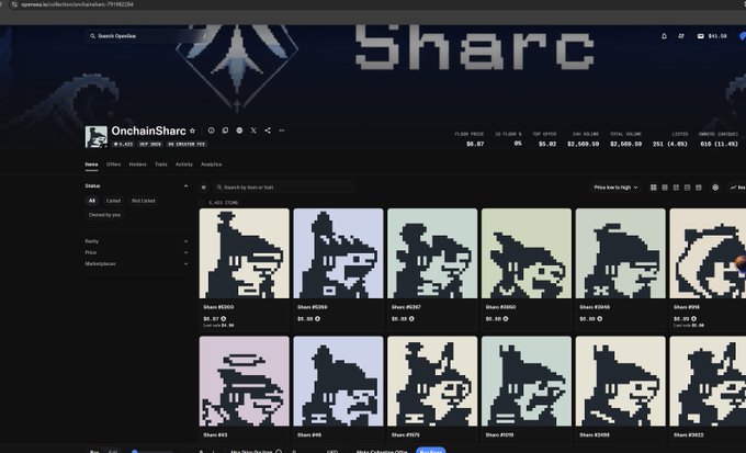 A screenshot of the OpenSea NFT marketplace showing the 'OnchainSharc' collection with pixel art character thumbnails, displaying a floor price of $0.67 and 8% listed items.