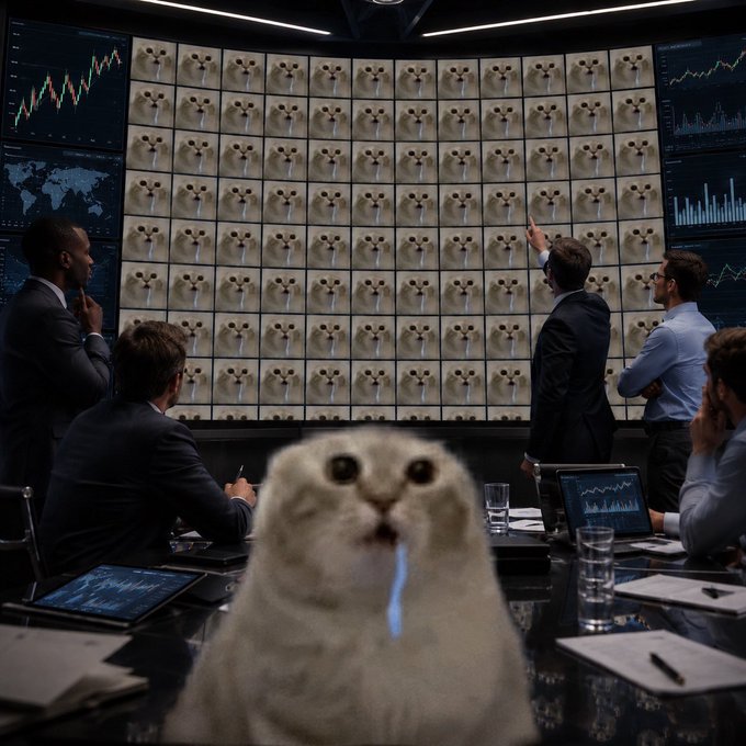 Stylized image of a seal with blue drool sitting at a trading desk in front of multiple financial analysts in suits, with a massive wall of screens displaying charts and an array of identical seal faces in the background.