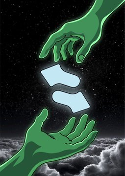A green hand reaches down from a starry sky to pass a glowing blue STONK logo to another green hand rising from clouds below, forming a mirrored STONK/KNOTS symbol between them—visually capturing the post's message that the two tokens are two halves of the same whole, meant to meet in the middle.