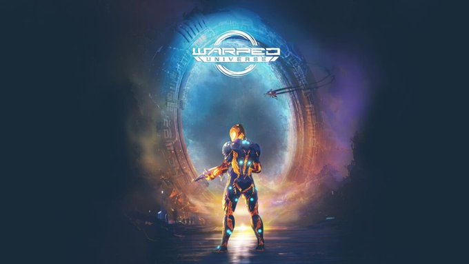 A sci-fi character in armor standing before a large circular portal with the title 'Warped Universe' displayed above.