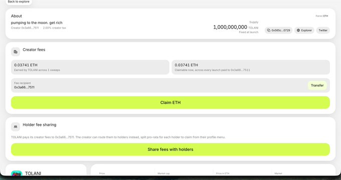 A screenshot of the TOLAN memecoin creator dashboard on the Explore page displays accumulated creator fees of 0.03741 ETH (approximately $95) ready to claim from the token "pumping to the moon. get rich" with a supply of 1,000,000,000 TOLANI. The post celebrates cashing in on creator fees, aligning with the dashboard's prominent "Claim ETH" button.