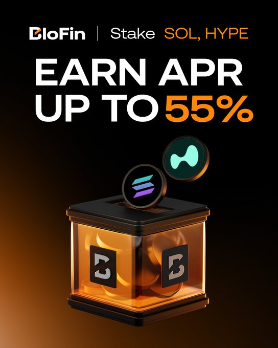 The image features a cube containing two coins inside - one purple and one green. The phrase "start your week with BloFin Earn's Monday Exclusive!" is written below, indicating that users can earn money from participating in the Friday exclusive offer posted for the week starting Monday. The text also mentions returns up to 55% APR, suggesting potentially high-yield savings on SOL and HYPE coins.
