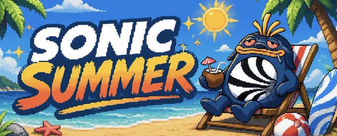 The image shows a vibrant "Sonic Summer" graphic featuring a cartoonish blue character lounging on a beach chair with a coconut drink, set against a tropical beach backdrop with palm trees, a bright sun, and ocean waves. The bold "Sonic Summer" text ties directly to the post's hopeful sentiment about $GOGLZ's future on Sonic, with the relaxed, sunny aesthetic symbolizing optimism despite the 97% loss, suggesting a brighter outlook ahead under new leadership in 2026.