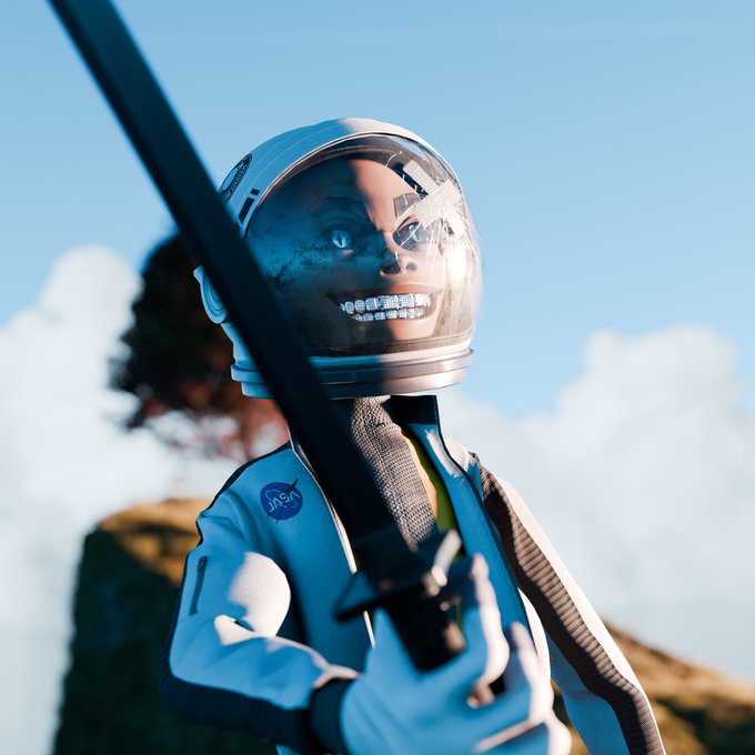 A 3D animated character in a white spacesuit with a NASA patch and a fishbowl helmet holds a sword, smiling with metallic teeth.