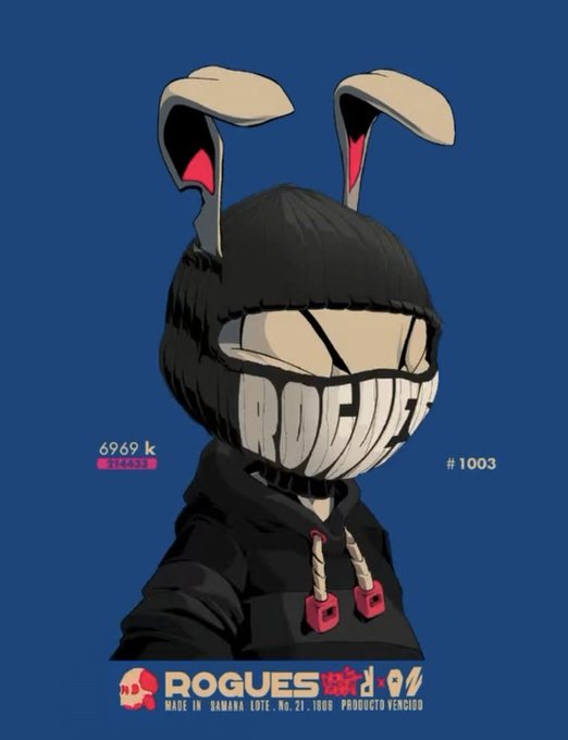 Illustration of a cartoon character wearing a black hoodie and beanie with bunny ears, branded 'ROGUES' with 'ROGUE' on the face covering, numbered #1003, and labeled 'MADE IN GANADA LOT#: NO.21.1000 PRODUCTO VENCIDO.'