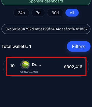 A sponsor dashboard displays a single wallet ("0xc602...7fc1") with total earnings of **$302,416**, highlighted in a red box. This visually confirms the post's claim about liquidity rewards earned, showing the trader's profit from LP activities despite trading losses of $197,452.