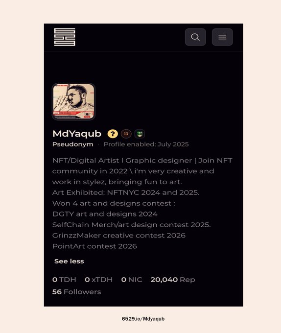 A 6529.io profile page for 'MdYaqub' showing a pseudonym NFT/Digital Artist and Graphic designer with 56 followers, 20,040 Rep, and notes of contests won including 'DGTY art and designs 2024'.