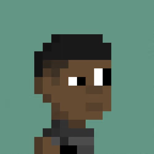 A simple pixel art portrait of a character with dark hair and large white eyes, set against a teal background.