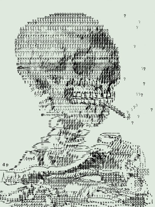 A portrait of a person is creatively composed entirely out of ASCII characters on a light gray background, with question marks scattered to the side.