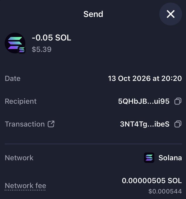 The image shows a Solana transaction receipt confirming a send of 0.05 SOL ($5.39) to address 5QHbJB...ui95. The caption likely accompanies the post as evidence of a fulfilled giveaway or reward payment to user @gentlejrn, aligning with the message encouraging others to "drop your wallets" for a chance to receive similar SOL transfers.